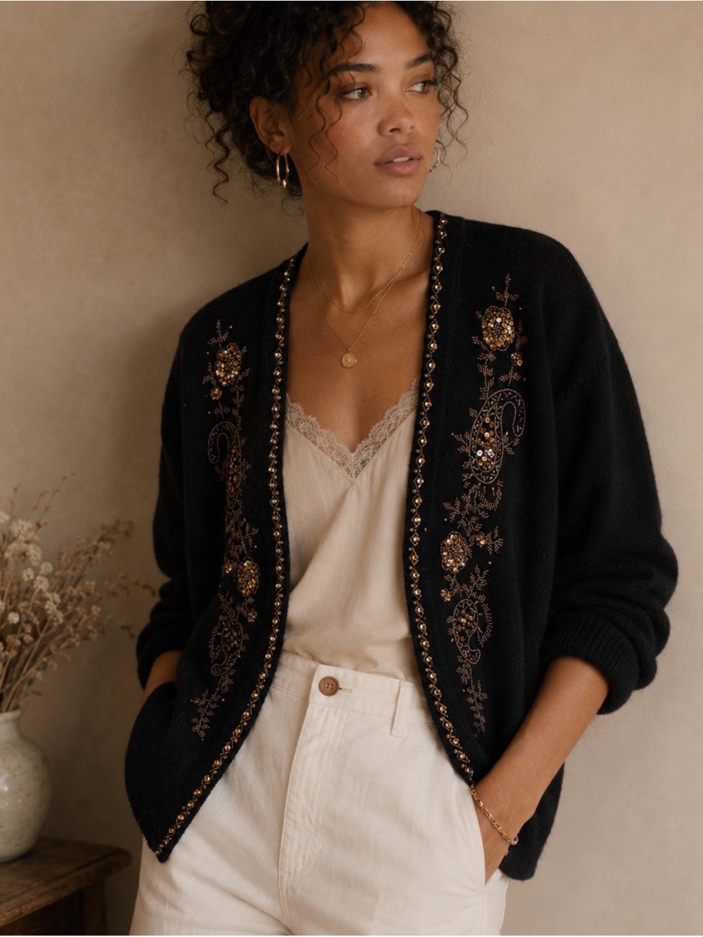 VTG Black Cardigan w/ Gold Embroidery sequin details